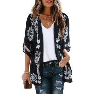 image:imageWomens Floral Print Puff Sleeve Kimono Cardigan Loose Cover Up Casual Blouse Tops 2026Black