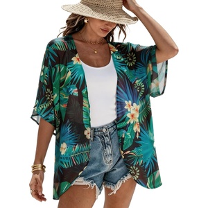 image:imageWomens Floral Print Puff Sleeve Kimono Cardigan Loose Cover Up Casual Blouse Tops 2026Black Green Tropical