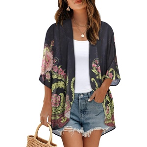 image:imageWomens Floral Print Puff Sleeve Kimono Cardigan Loose Cover Up Casual Blouse Tops 2026Black Matcha Green Print