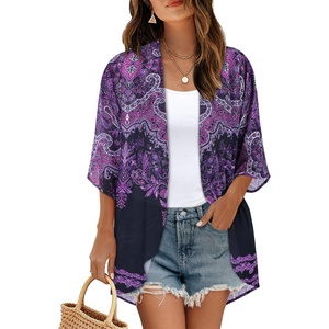 image:imageWomens Floral Print Puff Sleeve Kimono Cardigan Loose Cover Up Casual Blouse Tops 2026Black Purple Boho