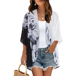 image:imageWomens Floral Print Puff Sleeve Kimono Cardigan Loose Cover Up Casual Blouse Tops 2026Black White Floral