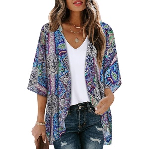 image:imageWomens Floral Print Puff Sleeve Kimono Cardigan Loose Cover Up Casual Blouse Tops 2026Blue Purple Bohemia Print
