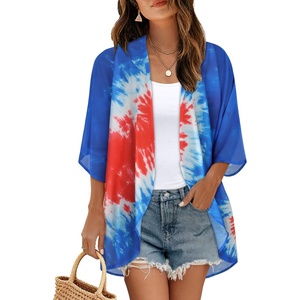 image:imageWomens Floral Print Puff Sleeve Kimono Cardigan Loose Cover Up Casual Blouse Tops 2026Blue Red Tie Dye