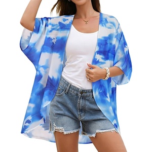 image:imageWomens Floral Print Puff Sleeve Kimono Cardigan Loose Cover Up Casual Blouse Tops 2026Blue White Ink Flower