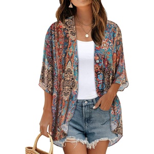 image:imageWomens Floral Print Puff Sleeve Kimono Cardigan Loose Cover Up Casual Blouse Tops 2026Bohemia Print