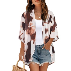 image:imageWomens Floral Print Puff Sleeve Kimono Cardigan Loose Cover Up Casual Blouse Tops 2026Brown Apricot Ink Print