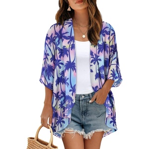 image:imageWomens Floral Print Puff Sleeve Kimono Cardigan Loose Cover Up Casual Blouse Tops 2026Colorful Coconut Tree