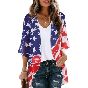 image:imageWomens Floral Print Puff Sleeve Kimono Cardigan Loose Cover Up Casual Blouse Tops 2026Dark Navy Flag