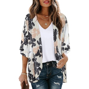 image:imageWomens Floral Print Puff Sleeve Kimono Cardigan Loose Cover Up Casual Blouse Tops 2026Dasiy Khaki