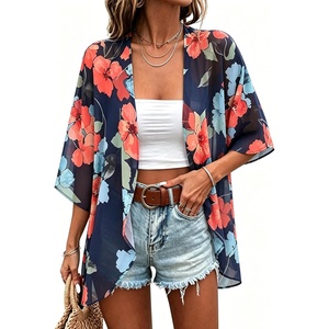 image:imageWomens Floral Print Puff Sleeve Kimono Cardigan Loose Cover Up Casual Blouse Tops 2026Oil Ink Blue