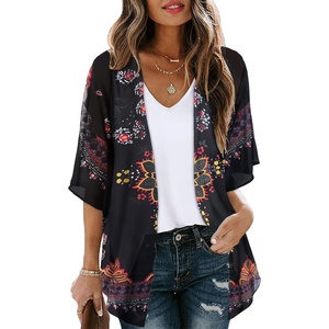 image:imageWomens Floral Print Puff Sleeve Kimono Cardigan Loose Cover Up Casual Blouse Tops 2026Orange Black