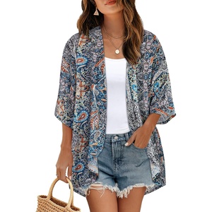 image:imageWomens Floral Print Puff Sleeve Kimono Cardigan Loose Cover Up Casual Blouse Tops 2026Orange Boho