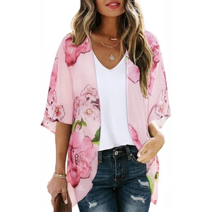image:imageWomens Floral Print Puff Sleeve Kimono Cardigan Loose Cover Up Casual Blouse Tops 2026Pink Flower