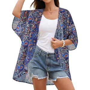 image:imageWomens Floral Print Puff Sleeve Kimono Cardigan Loose Cover Up Casual Blouse Tops 2026Purple Boho