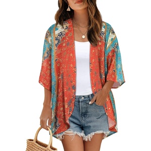 image:imageWomens Floral Print Puff Sleeve Kimono Cardigan Loose Cover Up Casual Blouse Tops 2026Red Green Pattern