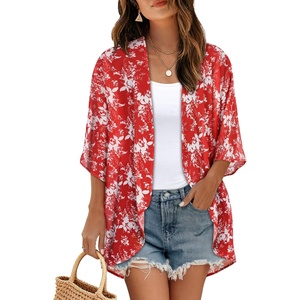 image:imageWomens Floral Print Puff Sleeve Kimono Cardigan Loose Cover Up Casual Blouse Tops 2026Red White Leaves