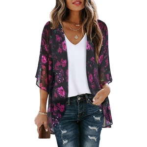 image:imageWomens Floral Print Puff Sleeve Kimono Cardigan Loose Cover Up Casual Blouse Tops 2026Rose Red Flower