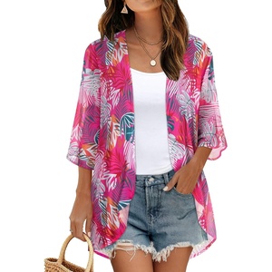 image:imageWomens Floral Print Puff Sleeve Kimono Cardigan Loose Cover Up Casual Blouse Tops 2026Rose Red Leaves