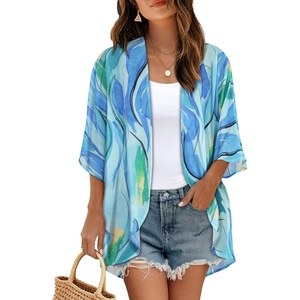 image:imageWomens Floral Print Puff Sleeve Kimono Cardigan Loose Cover Up Casual Blouse Tops 2026Teal Abstract Print