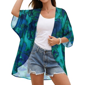 image:imageWomens Floral Print Puff Sleeve Kimono Cardigan Loose Cover Up Casual Blouse Tops 2026Turquoise Flower