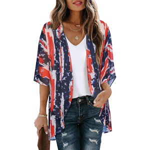 image:imageWomens Floral Print Puff Sleeve Kimono Cardigan Loose Cover Up Casual Blouse Tops 2026Us Flag Navy Striped