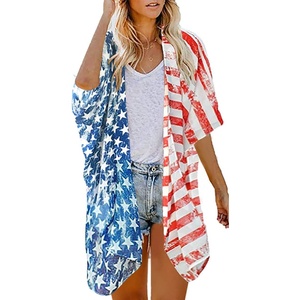 image:imageWomens Floral Print Puff Sleeve Kimono Cardigan Loose Cover Up Casual Blouse Tops 2026Us Flag Print
