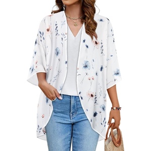 image:imageWomens Floral Print Puff Sleeve Kimono Cardigan Loose Cover Up Casual Blouse Tops 2026White Blue Flower