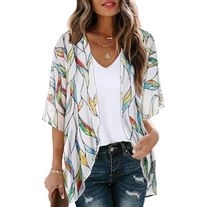 image:imageWomens Floral Print Puff Sleeve Kimono Cardigan Loose Cover Up Casual Blouse Tops 2026White Colorful Leaves