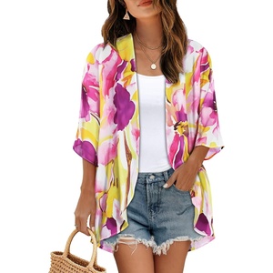 image:imageWomens Floral Print Puff Sleeve Kimono Cardigan Loose Cover Up Casual Blouse Tops 2026Yellow Pink Abstract Print