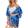 image:imageWomens Floral Print Puff Sleeve Kimono Cardigan Loose Cover Up Casual Blouse Tops 2026Black Blue Leaves