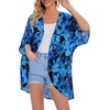 image:imageWomens Floral Print Puff Sleeve Kimono Cardigan Loose Cover Up Casual Blouse Tops 2026Black Blue Leaves