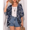 image:imageWomens Floral Print Puff Sleeve Kimono Cardigan Loose Cover Up Casual Blouse Tops 2026Deep Blue Flowers
