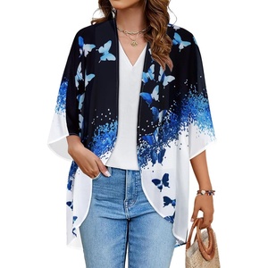 image:imageWomens Floral Print Puff Sleeve Kimono Cardigan Loose Cover Up Casual Blouse Tops 2026Black Blue Butterfly
