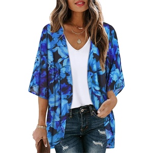 image:imageWomens Floral Print Puff Sleeve Kimono Cardigan Loose Cover Up Casual Blouse Tops 2026Black Blue Leaves
