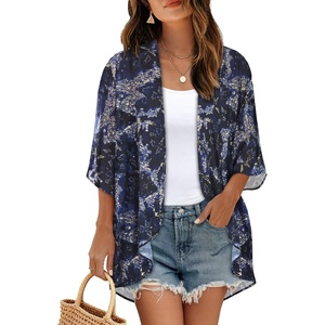 image:imageWomens Floral Print Puff Sleeve Kimono Cardigan Loose Cover Up Casual Blouse Tops 2026Deep Blue Flowers