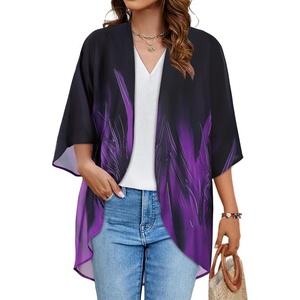 image:imageWomens Floral Print Puff Sleeve Kimono Cardigan Loose Cover Up Casual Blouse Tops 2026Turbo Purple Black