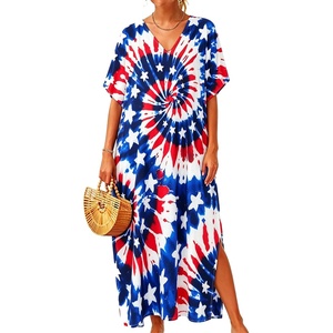 image:imageCHICGAL Kaftan Dresses for Women Oversized Long Batwing Sleeve Caftan V Neck Beach Cover Ups Summer Maxi Dress 2026American Flag