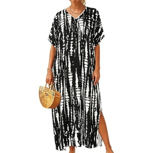 image:imageCHICGAL Kaftan Dresses for Women Oversized Long Batwing Sleeve Caftan V Neck Beach Cover Ups Summer Maxi Dress 2026Black White Tie Dye