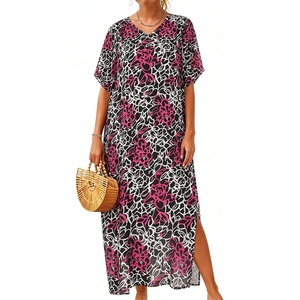 image:imageCHICGAL Kaftan Dresses for Women Oversized Long Batwing Sleeve Caftan V Neck Beach Cover Ups Summer Maxi Dress 2026Purple White Leopard Print