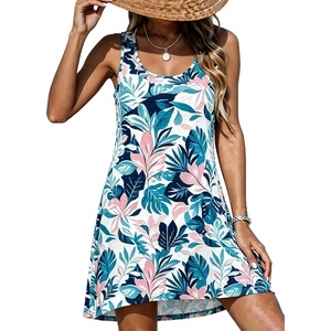 image:imageCHICGAL Swimsuit Coverup for Women Summer Sleeveless Beach Dress Tank Bikini Bathing Suit Cover Up 2026Blue Pink Leaves