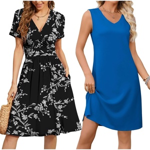 image:imageWEACZZY 2 Pack Women V Neck Summer Dresses Short Sleeve Dress and Sleeveless Split Sundress Casual Outfits for Travel Office Wedding L