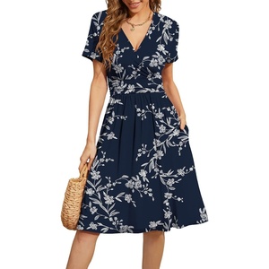 image:imageWEACZZY Womens Summer Short Sleeve Casual Dresses VNeck Floral Party Dress with Pockets02 White Flower Navy
