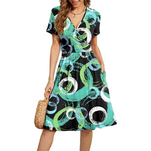 image:imageWEACZZY Womens Summer Short Sleeve Casual Dresses VNeck Floral Party Dress with PocketsGeometric