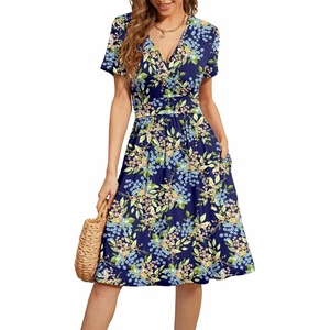 image:imageWEACZZY Womens Summer Short Sleeve Casual Dresses VNeck Floral Party Dress with PocketsGreen Leaf Navy
