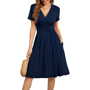 image:imageWEACZZY Womens Summer Short Sleeve Casual Dresses VNeck Floral Party Dress with PocketsNavy