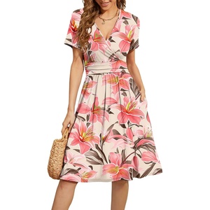 image:imageWEACZZY Womens Summer Short Sleeve Casual Dresses VNeck Floral Party Dress with PocketsPink Lily Beige