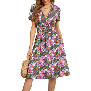image:imageWEACZZY Womens Summer Short Sleeve Casual Dresses VNeck Floral Party Dress with PocketsPurple Flower Green