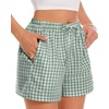 image:imageWomen Boxer Shorts Comfy Gingham Drawstring Pajama Bottom Plaid Casual Pants with PocketLight Green