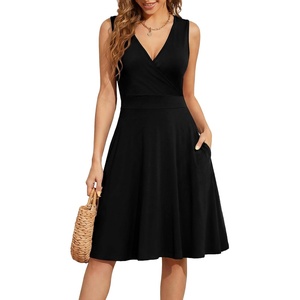 image:imageWEACZZY Womens Summer Sleeveless Casual Dresses VNeck Wrap Floral Holiday Tank Dress Flowy Beach Sundress with Pockets01 Black