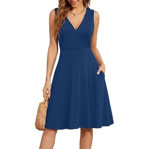 image:imageWEACZZY Womens Summer Sleeveless Casual Dresses VNeck Wrap Floral Holiday Tank Dress Flowy Beach Sundress with Pockets01 Navy Blue
